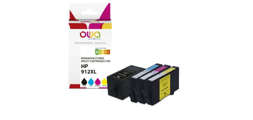 Pack de 4 cartouches OWA compatible HP912XL Noir Cyan Magenta Jaune pour imprimante jet d'encre