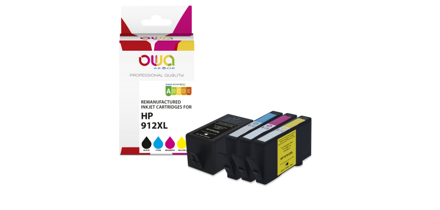 Pack de 4 cartouches OWA compatible HP912XL Noir Cyan Magenta Jaune pour imprimante jet d'encre