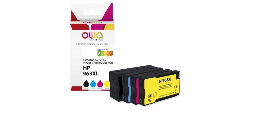 Pack 4 toners remanufacturés OWA équivalent HP 3JA30AE 963XL pour imprimante jet d'encre