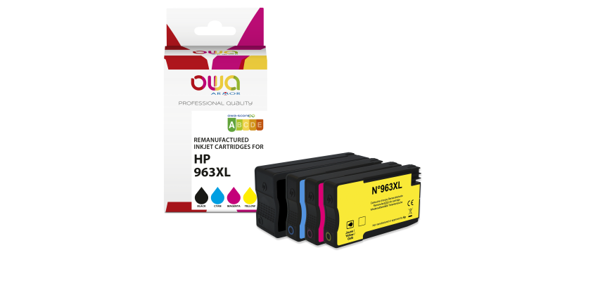 Pack de 4 cartouches d'encre remanufacturées OWA - haute capacité - Noir Cyan Magenta Jaune - pour HP 3JA30AE, 963XL