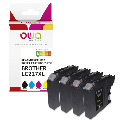 Pack de 4 cartouches d'encre remanufacturées OWA - haute capacité - Noir Cyan Magenta Jaune - pour BROTHER LC-227 XL BK, LC-225 XL C, LC-225 XL M, LC-225 XL Y