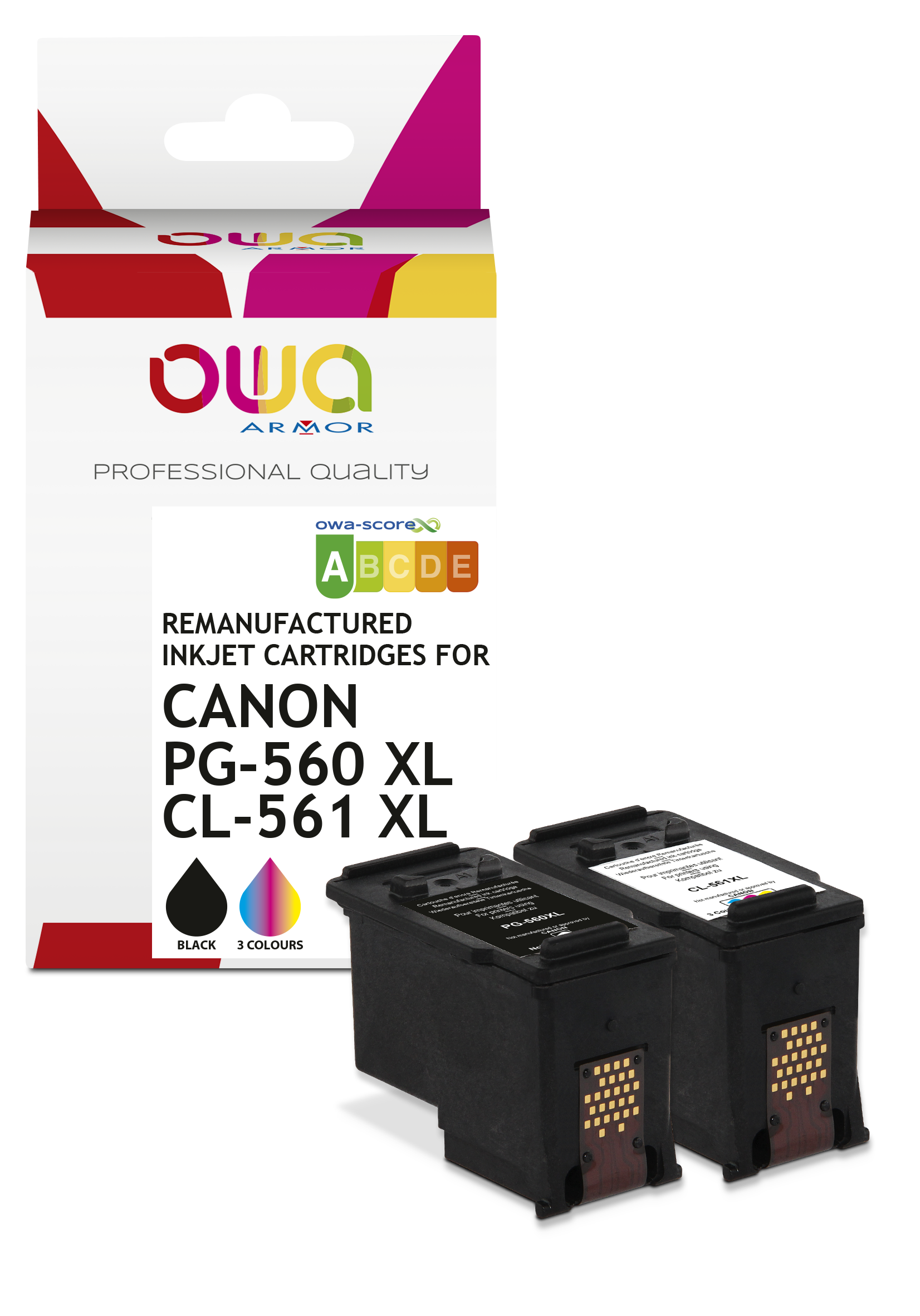 Pack de 2 cartouches d'encre remanufacturées OWA - haute capacité - Noir 3  Couleurs - pour CANON PG-560 XL, CL-561 XL sur
