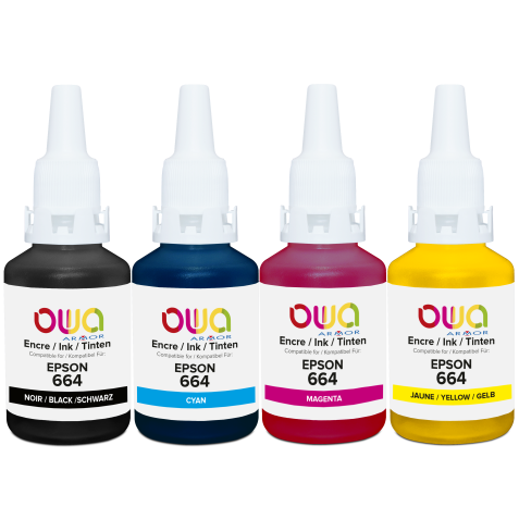 Pack de 4 bouteilles d'encre compatibles OWA - standard - Noir Cyan Magenta Jaune - pour EPSON T6641, T6642, T6643, T6644