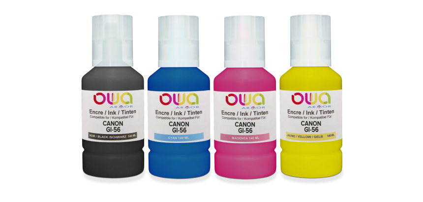 Pack de 4 bouteilles d'encre compatibles OWA - standard - Noir Cyan Magenta Jaune - pour CANON GI-56 BK, GI-56 C, GI-56 M, GI-56 Y