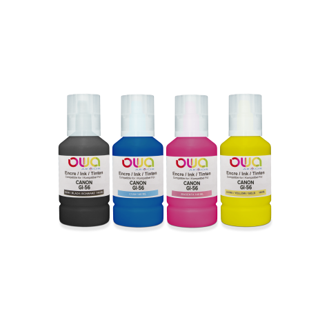 Pack de 4 bouteilles d'encre compatibles OWA - standard - Noir Cyan Magenta Jaune - pour CANON GI-56 BK, GI-56 M