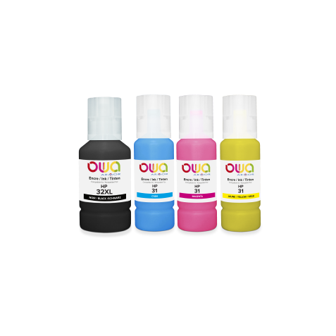 Pack de 4 bouteilles d'encre compatibles OWA - standard - Noir Cyan Magenta Jaune - pour HP 32XL, 31