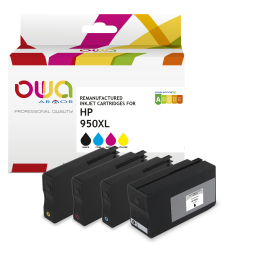 EN_Pack de 4 cartouches d'encre remanufacturées OWA - haute capacité - Noir Cyan Magenta Jaune - pour HP 950XL B, 951XL C, 951XL M, 951XL Y