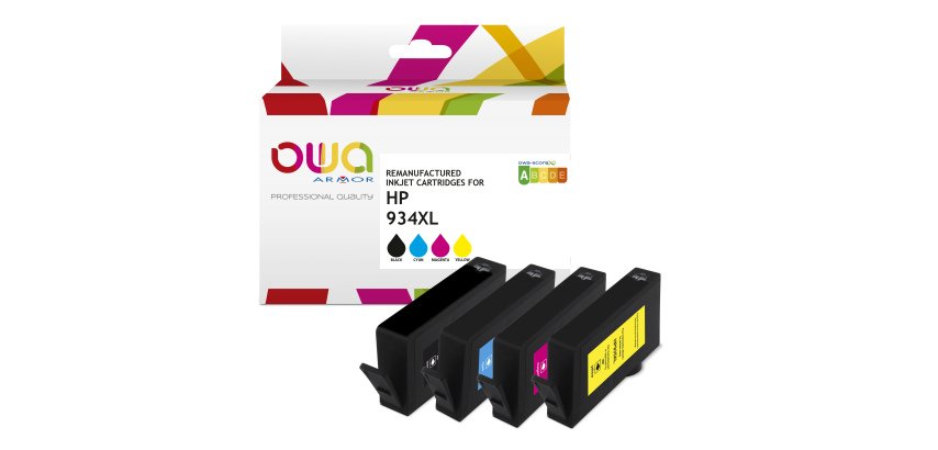 Pack mit 4 OWA-Tintenpatronen refurbished - hohe Kapazität - Schwarz Cyan Magenta Gelb - für HP 934XL B, 935XL C, 935XL M, 935XL Y
