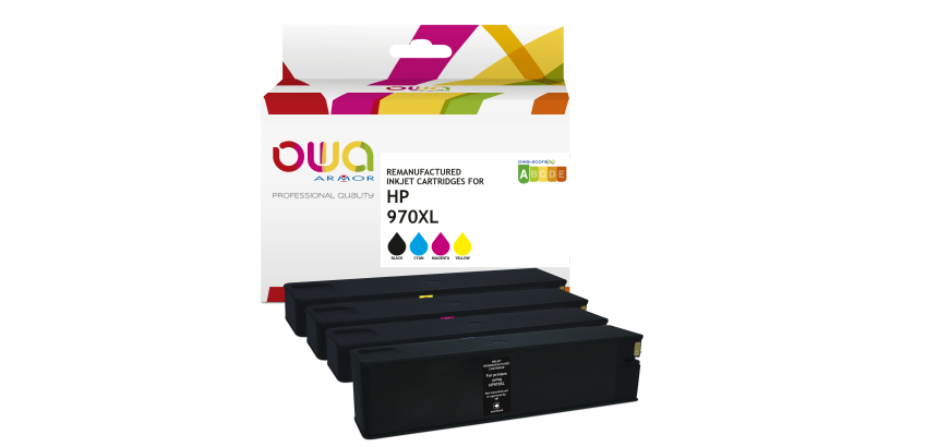 Pack de 4 cartouches d'encre remanufacturées OWA - haute capacité - Noir Cyan Magenta Jaune - pour HP 970XL B, 971XL C, 971XL M, 971XL Y