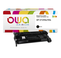Remanufactured OWA black toner cartridge compatible with HP CF259A for laser printer.