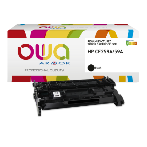 Remanufactured OWA black toner cartridge compatible with HP CF259A for laser printer.