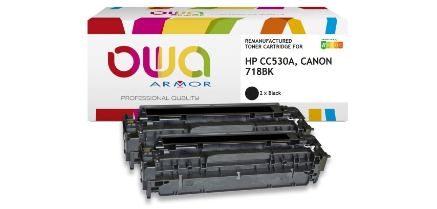 Pack de 2 toner remanufacturé OWA - standard - Noir - pour HP CC530A, CANON 718BK