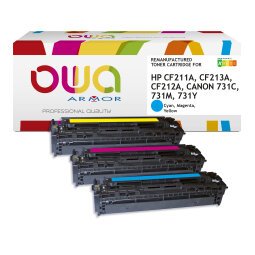 DE_Pack de 3 toner remanufacturé OWA - standard - Cyan Magenta Jaune - pour HP U0SL1AM, CF211A, CF213A, CF212A, CANON 731C, 731M, 731Y
