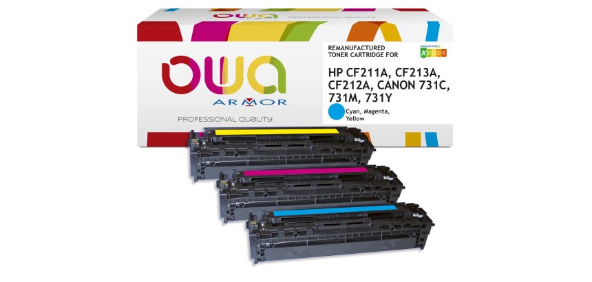 Pack de 3 toner remanufacturé OWA - standard - Cyan Magenta Jaune - pour HP U0SL1AM, CF211A, CF213A, CF212A, CANON 731C, 731M, 731Y