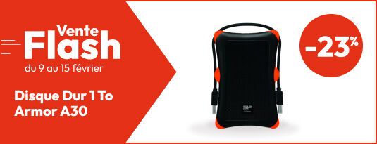 Vente flash du 9 au 15 février  -23% sur le disque Dur 1To Armor A30 Usb 3.1 (Usb-A)  Vite, j'en profite