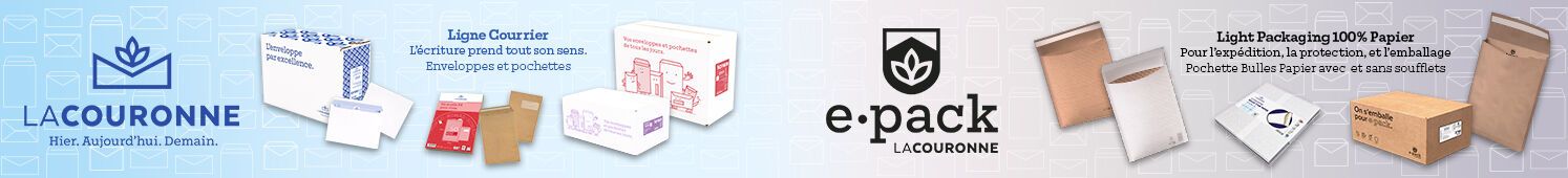 La couronne  Hier. Aujourd'hui. Demain.  Ligne courrier - L'écriture prend tout son sens. Enveloppes et pochettes  e.pack  Light packaging 100% Papier  Pour l'expédition, la protection et l'emballage  Pochette bulles Papier avec et sans soufflets