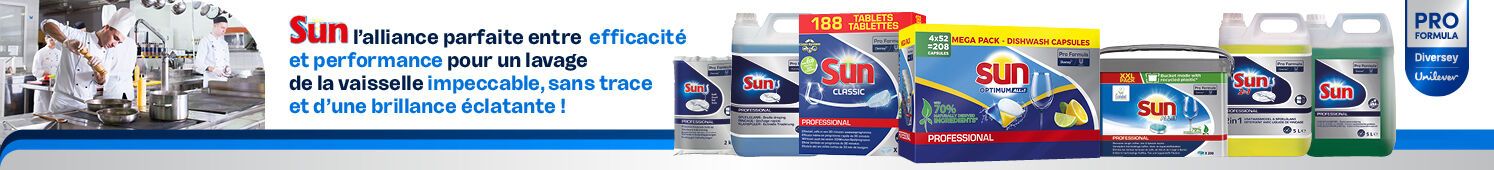Sun l'alliance parfaite entre efficacité et performance pour un lavage de la vaisselle. Impeccable, sans et d'une brillance éclatante. Sun PRO FORMULA