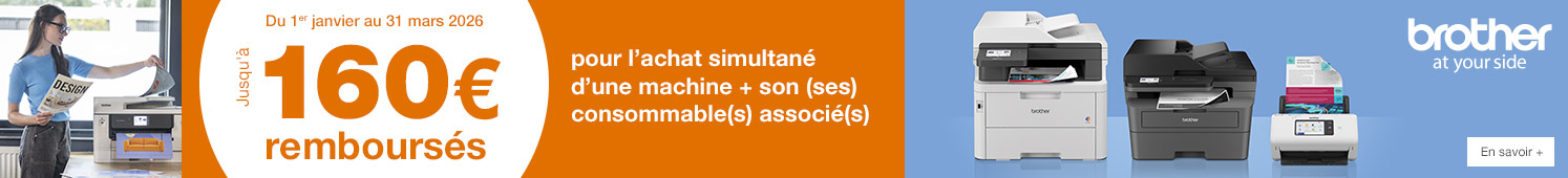 Brother Du 01/01 au 31/03/2026  Jusqu'à 160€ remboursés pour l'achat simultané d'une machine + son (ses) consommable(s) associé(s)  En savoir +