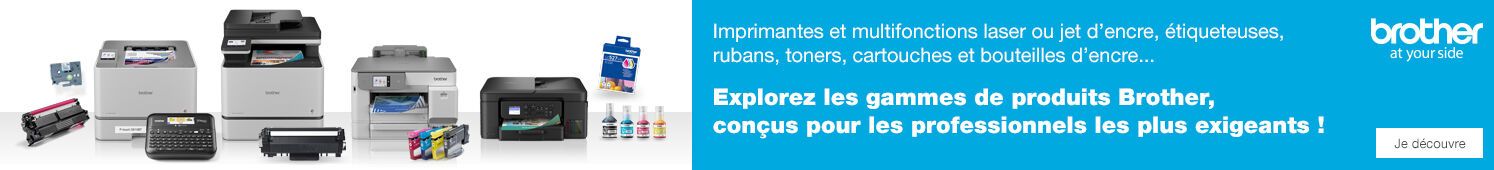 Brother Imprimantes et multifonctions laser ou jet d'encre, étiqueteuses, rubans, toners, cartouches et bouteilles d'encre... Explorez les gammes de produits Brother, conçus pour les professionnels les plus exigeants !  Je découvre