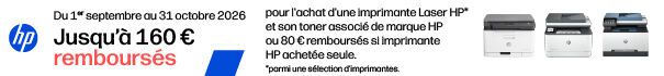 Du 1er septembre au 31 octobre 2026 Jusqu'à 160€ remboursés pour l'achat d'une imprimante Laser HP* et son toner associé de marque HP ou 80€ remboursés si imprimante HP achetée seule.