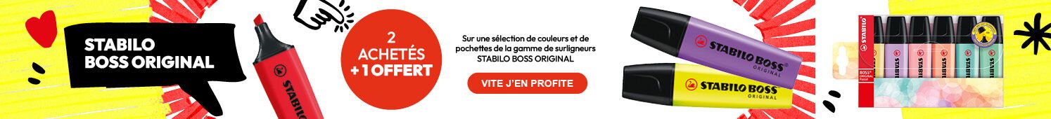 Offre Stabilo boss Original  2 achetés + 1 offert  Sur une sélection de couleurs et de pochettes de la gamme de surligneurs Stabilo Boss Original  Vite, j'en profite
