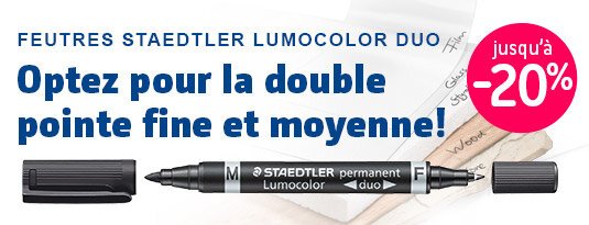 Feutres Staedtler Lumucolor Duo Optez pour la double pointe fine et moyenne !  Jusqu'à -20% Voir le produit