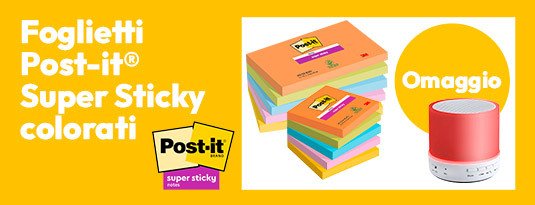 Post-it Super Sticky colorati in omaggio uno speaker ricaricabile multicolor