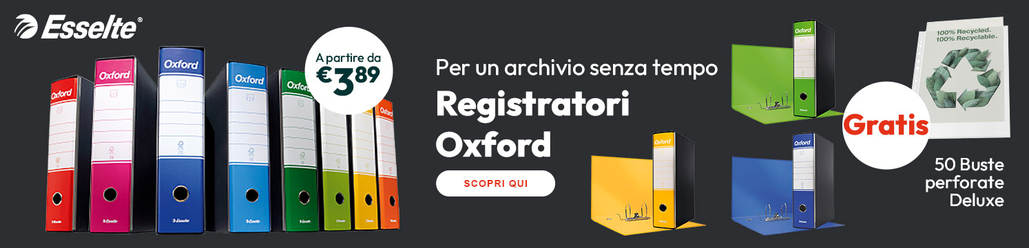 Registratori Oxford a partire da €3,89 e con Buste perforate Deluxe in omaggio!