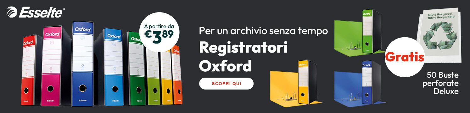 Registratori Oxford a partire da €3,89 e con Buste perforate Deluxe in omaggio!